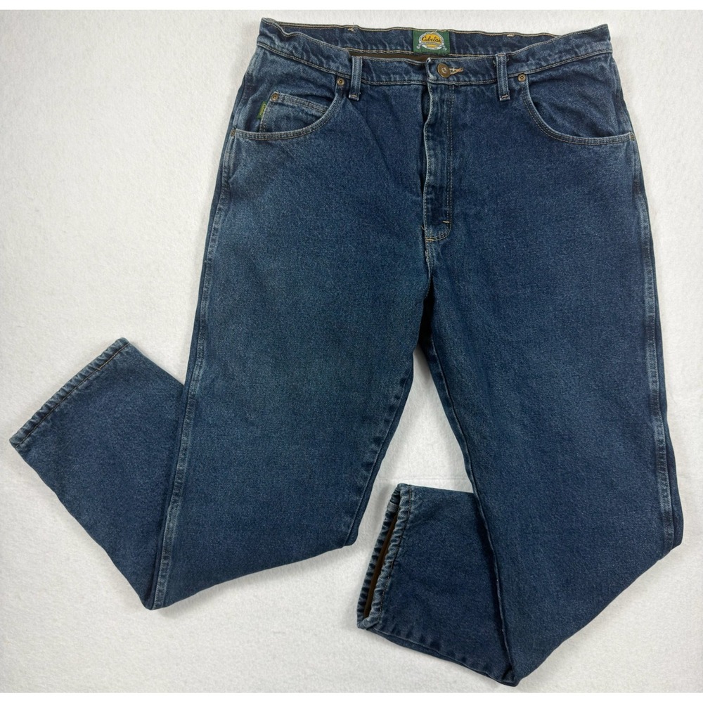 Cabelas Mens 38x32 Fleece Lined Jeans Blue Denim Hunting Outdoor Winter